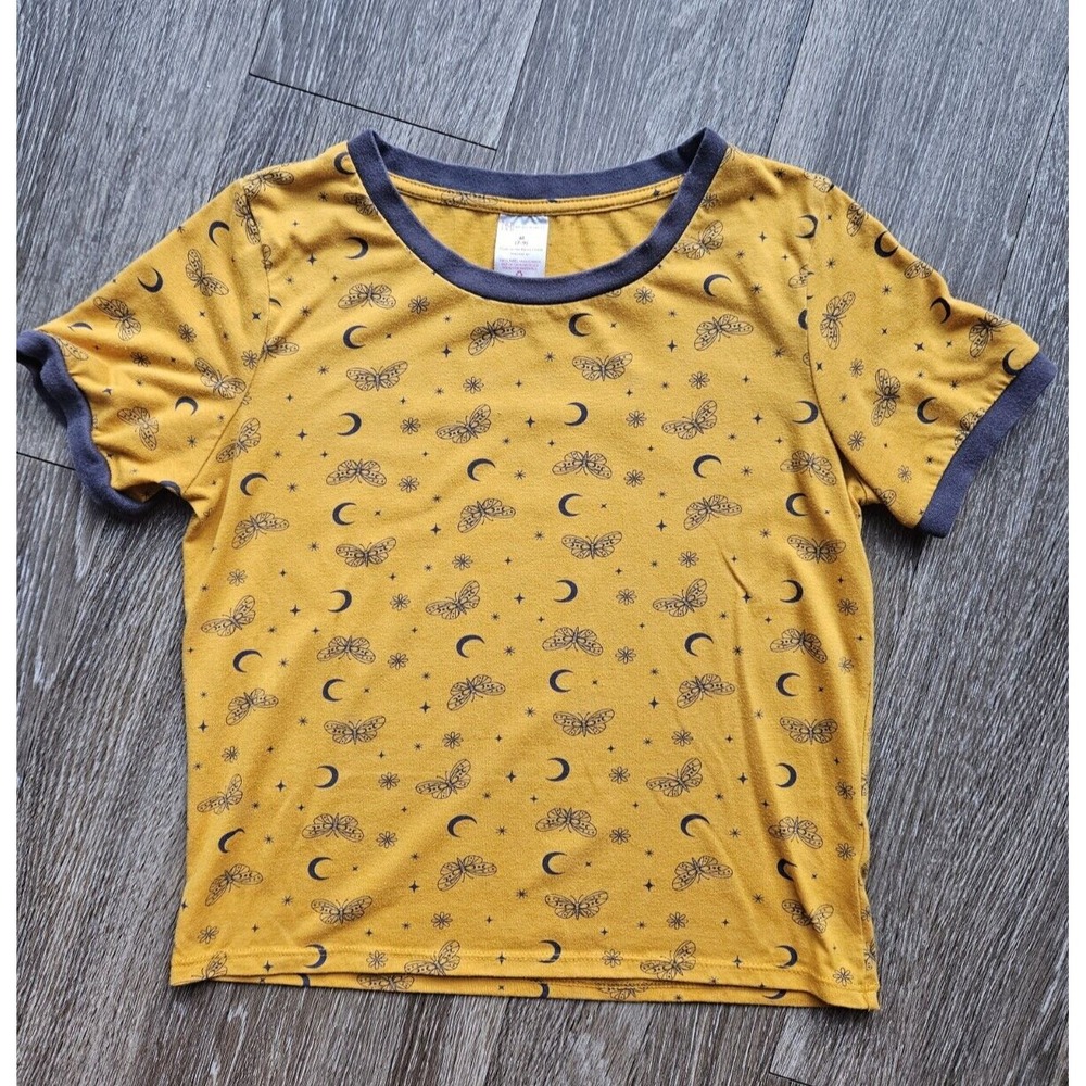 Yellow Ringer T Shirt Butterfly Crescent Moon Star Celestial Graphic Top Girls M